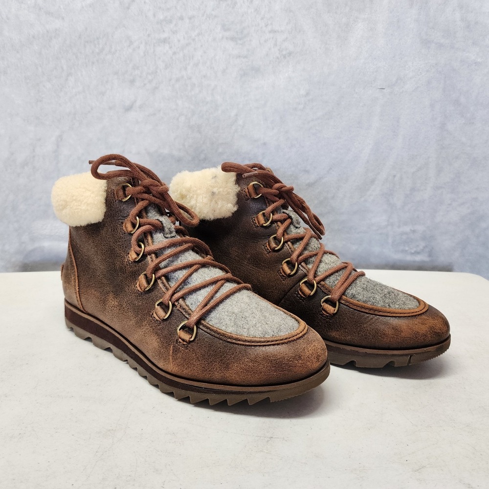 Sorel Harlow women’s shearling Brown and Gray leather ankle Boots 8